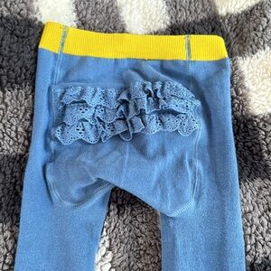 Mini Boden 2-3Y Sea Mist Blue & Yellow Gold Footed Ruffle Cable Knit Tights